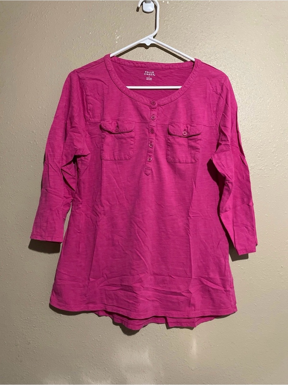 Falls Creek Pink 3/4 Sleeve Knit Top with Pockets Shirt Blouse Women’s L